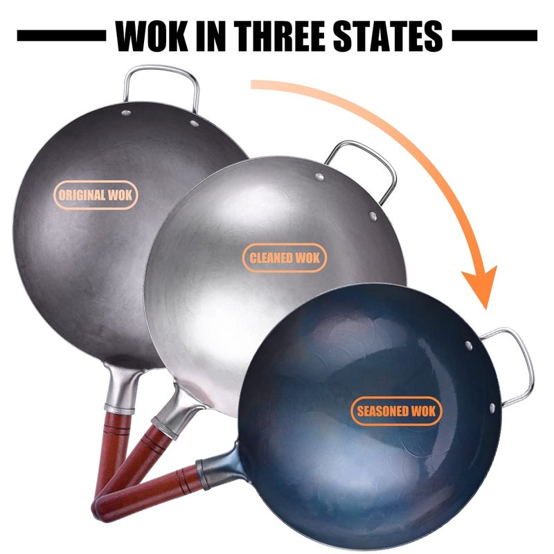 Teewe Carbon Steel Wok Traditional Hand Hammered Wok - 13.4" Chinese Wok Round Bottom Wok Pan Set with 8 Pcs Cookware Accessories - Image 4