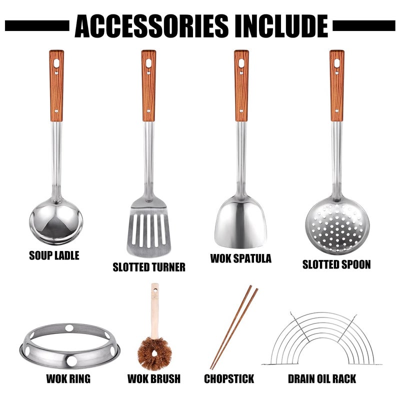 Teewe Carbon Steel Wok Traditional Hand Hammered Wok - 13.4" Chinese Wok Round Bottom Wok Pan Set with 8 Pcs Cookware Accessories - Image 3
