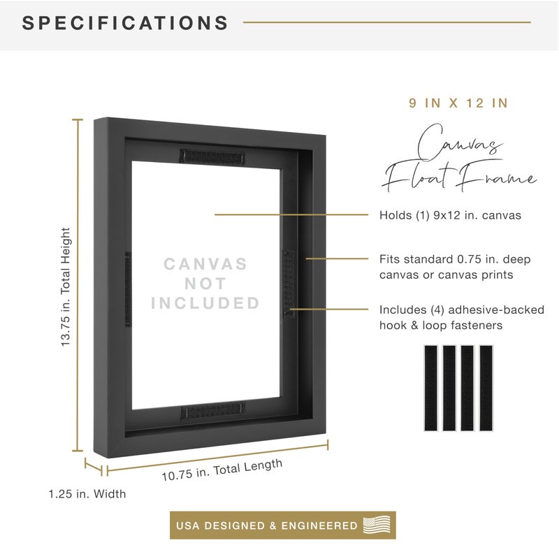 MCS Canvas Float Frames 9x12 Frame, Black Frame for Finished Canvases, Vertical & Horizontal Wall Hanging Large Frame with Adhesive for Canvas Paintings (1-Pack) - Image 3