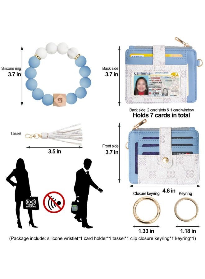 COOLANS Wristlet Bracelet Keychain Pocket Credit Card Holder Purse Tassel Keychain Bangle Key Ring for Women, Card & Id Holder Purse Flower Printed Blue + White, S - Image 2
