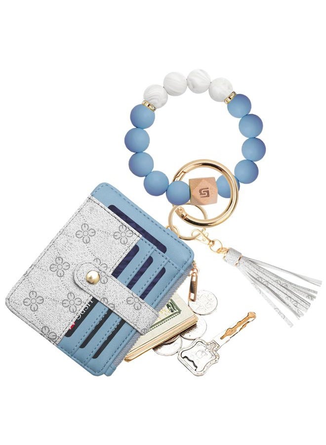 COOLANS Wristlet Bracelet Keychain Pocket Credit Card Holder Purse Tassel Keychain Bangle Key Ring for Women, Card & Id Holder Purse Flower Printed Blue + White, S - Image 1