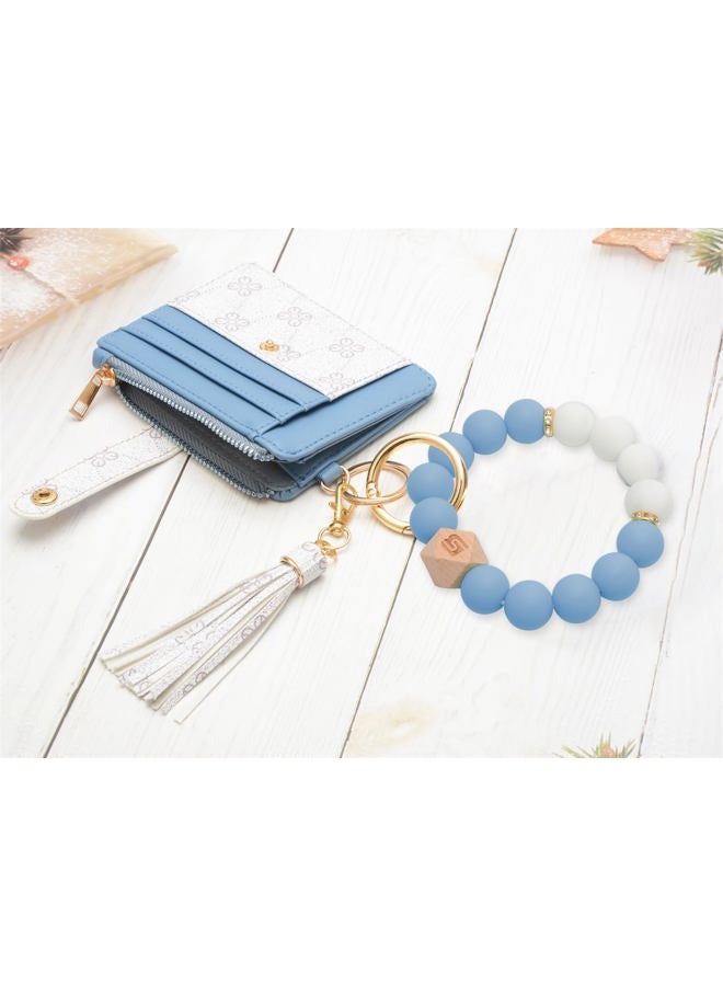 COOLANS Wristlet Bracelet Keychain Pocket Credit Card Holder Purse Tassel Keychain Bangle Key Ring for Women, Card & Id Holder Purse Flower Printed Blue + White, S - Image 4