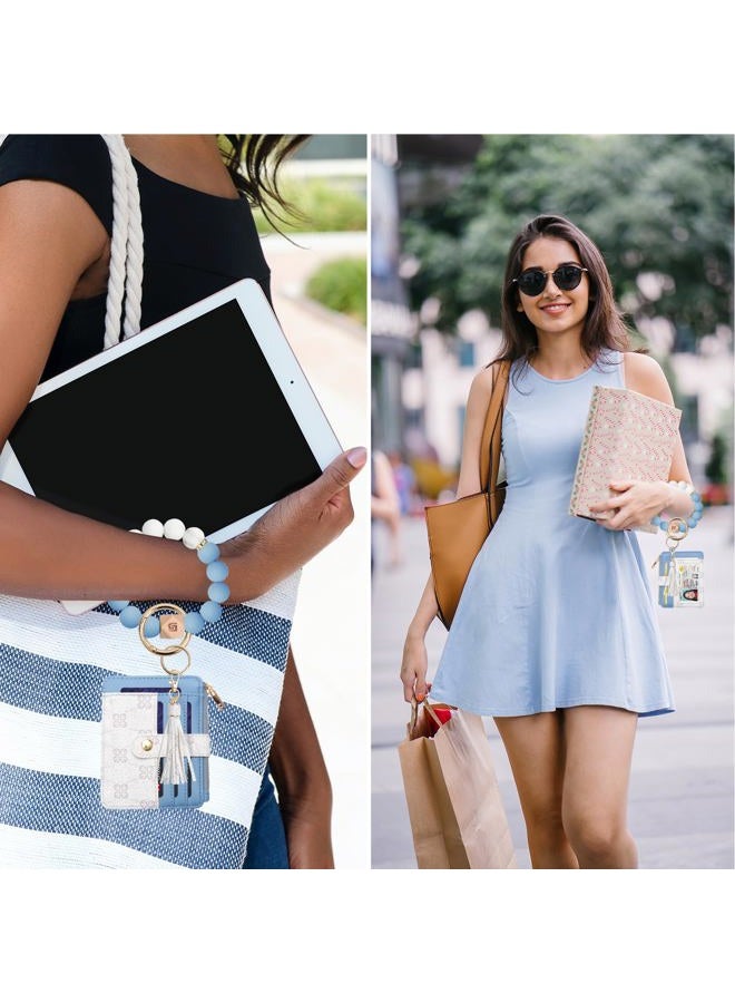 COOLANS Wristlet Bracelet Keychain Pocket Credit Card Holder Purse Tassel Keychain Bangle Key Ring for Women, Card & Id Holder Purse Flower Printed Blue + White, S - Image 3