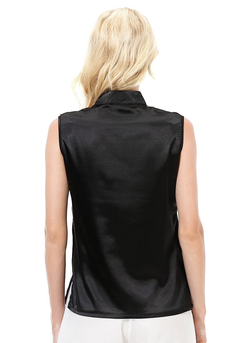 إسكدنيا Women's Solid Color Imitated Silk Fabric Sleeveless Blouse Shirt Black  - Image 3