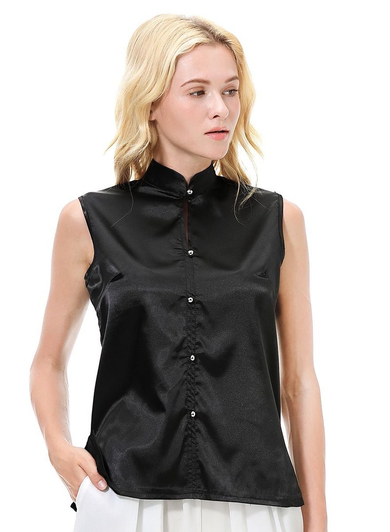 إسكدنيا Women's Solid Color Imitated Silk Fabric Sleeveless Blouse Shirt Black  - Image 1