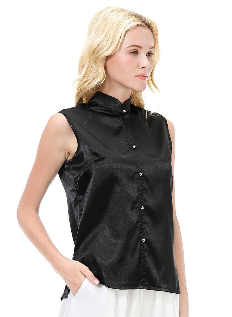 إسكدنيا Women's Solid Color Imitated Silk Fabric Sleeveless Blouse Shirt Black  - Image 2