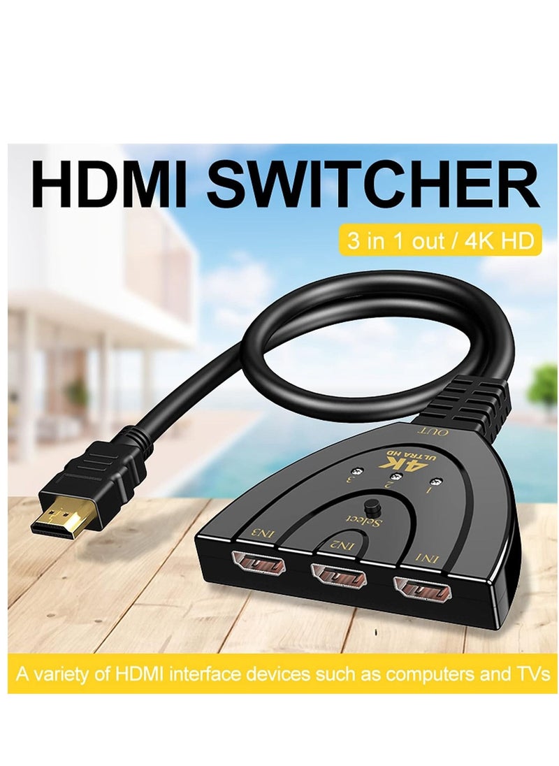HDMI Switch 4K GANA Gold Plated 3-Port HDMI Splitter HDMI Switcher Supports 4K Full HD1080p 3D with High Speed Pigtail Cable