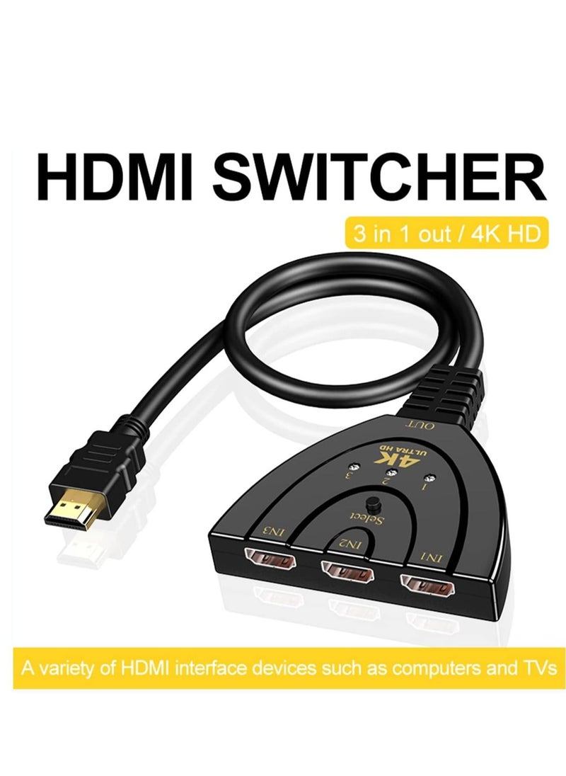 HDMI Switch 4K GANA Gold Plated 3-Port HDMI Splitter HDMI Switcher Supports 4K Full HD1080p 3D with High Speed Pigtail Cable