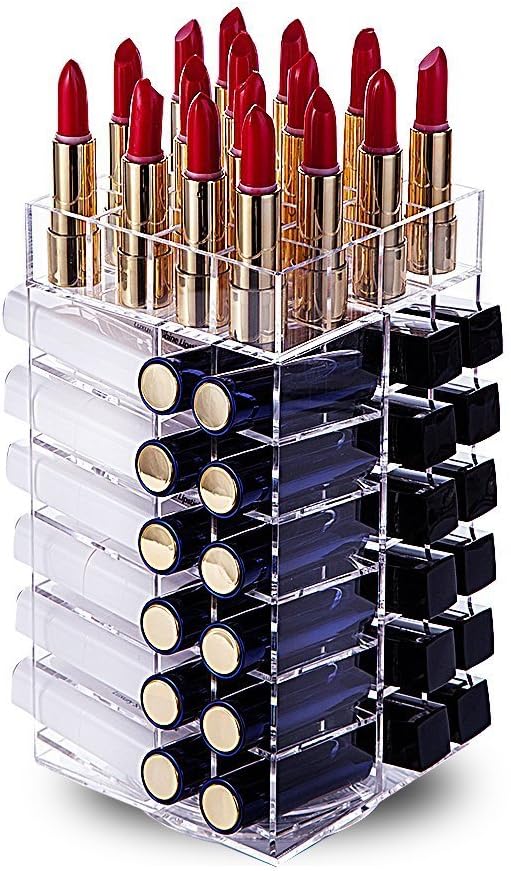 HBlife Lipstick Holder, Acrylic Rotating 64 Lipstick Tower Organizer Spinning Lipstick Tower Lipgloss Holder with Removable Dividers - Image 1