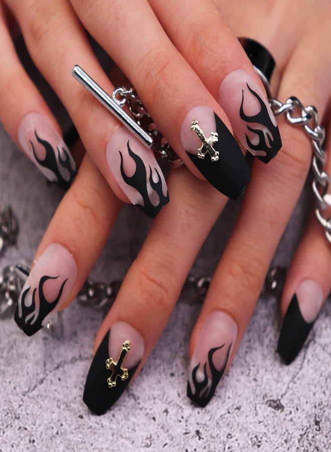 MISUD Press on Nails - Medium Coffin Glue on Nails with Goth Black, Acrylic Gothic Cross Design 24 pcs - Image 1