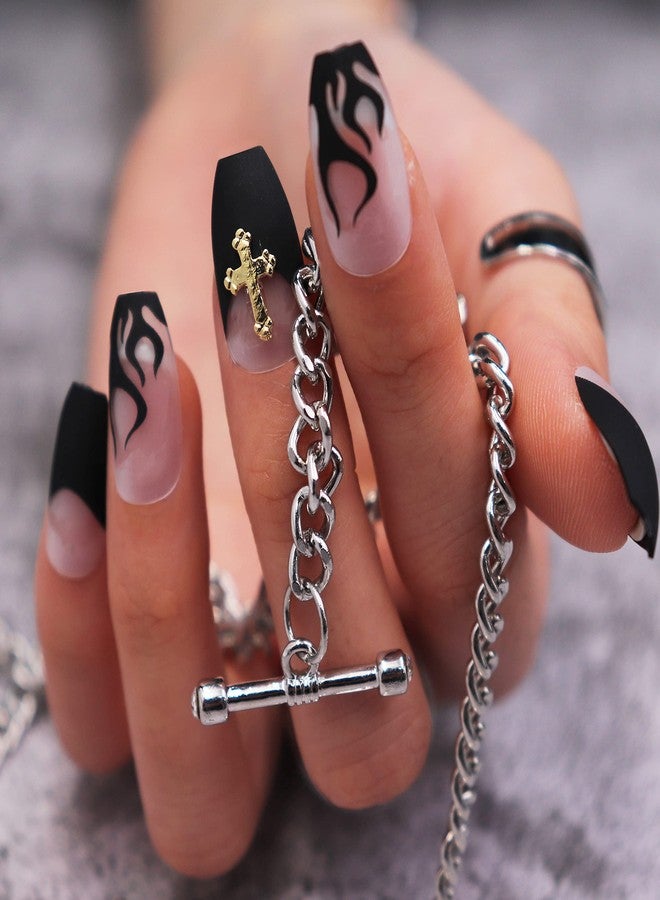 MISUD Press on Nails - Medium Coffin Glue on Nails with Goth Black, Acrylic Gothic Cross Design 24 pcs - Image 2