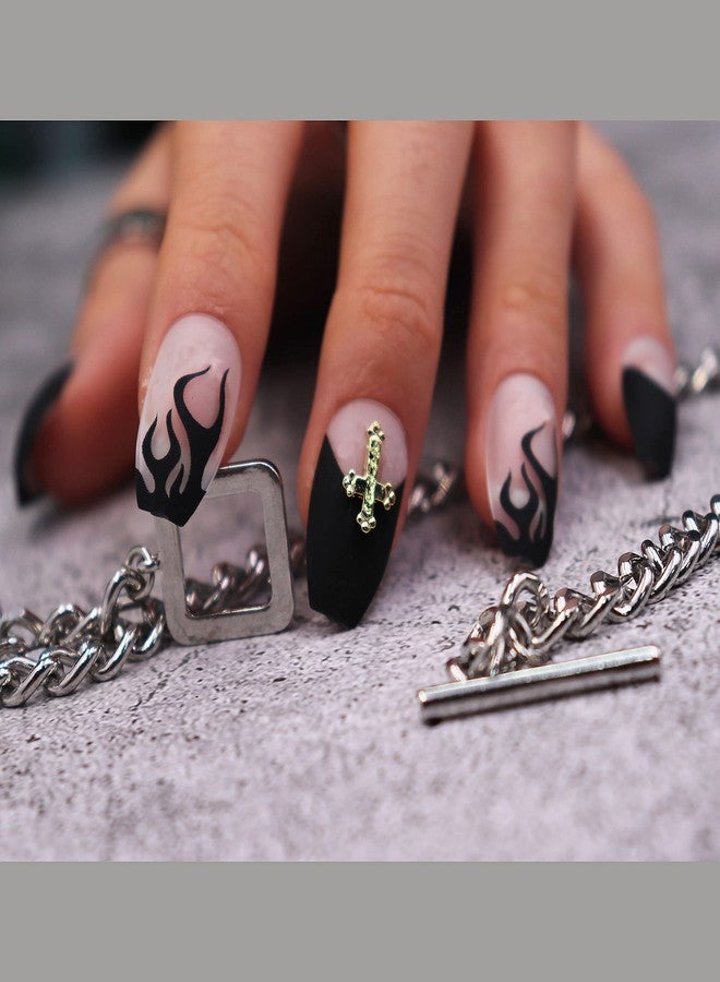 MISUD Press on Nails - Medium Coffin Glue on Nails with Goth Black, Acrylic Gothic Cross Design 24 pcs - Image 4