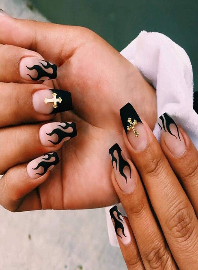 MISUD Press on Nails - Medium Coffin Glue on Nails with Goth Black, Acrylic Gothic Cross Design 24 pcs - Image 3
