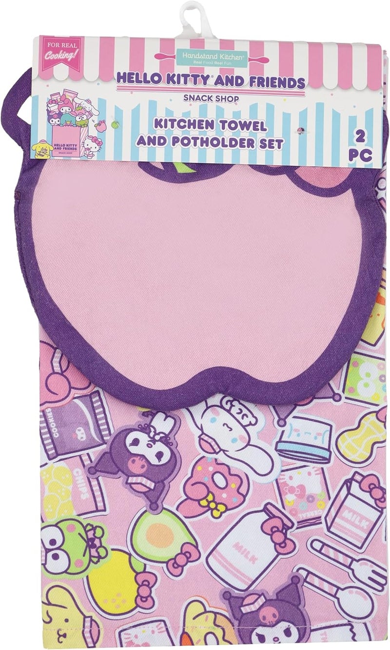 Handstand Kitchen Hello Kitty and Friends Snack Shop Print Cotton Kitchen Towel and Apple Shaped Potholder Set - Image 1