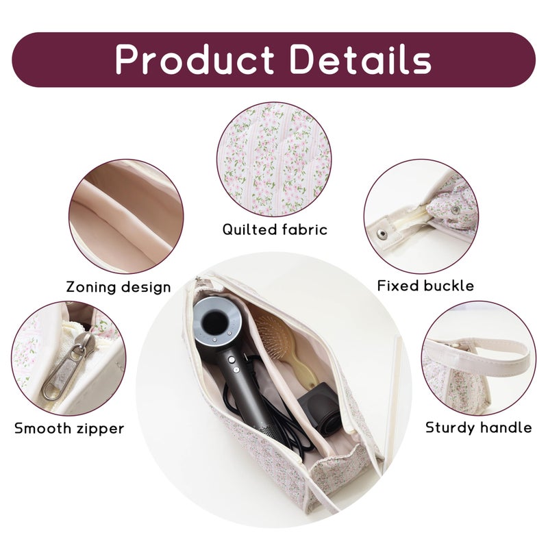 GISMTR Large Quilted Hair Tools Travel Bag, Cotton Floral Carrying Storage Bag for Hair Dryer and Attachments, Cute Portable Organizer with Handle - Image 3