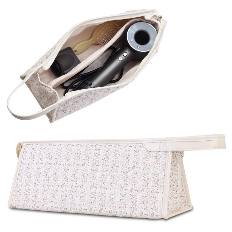 GISMTR Large Quilted Hair Tools Travel Bag, Cotton Floral Carrying Storage Bag for Hair Dryer and Attachments, Cute Portable Organizer with Handle - Image 1