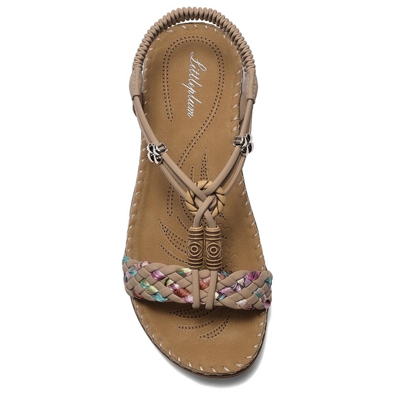 Littleplum Women Sandals Arch Support Handmade Bohemian Braided Flat Sandals Comfort Walking Beach Ankle Elastic Summer Shoes Apricot Size 7 - Image 1