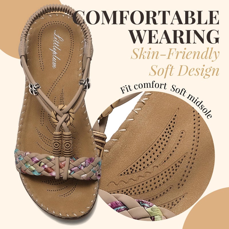 Littleplum Women Sandals Arch Support Handmade Bohemian Braided Flat Sandals Comfort Walking Beach Ankle Elastic Summer Shoes Apricot Size 7 - Image 5