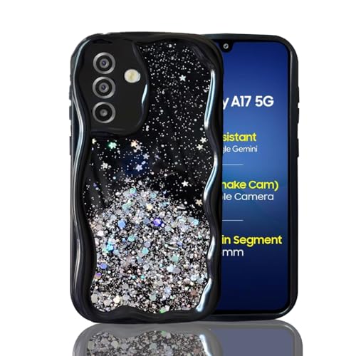 KC Back Cover for Samsung Galaxy A17 5G - 3D New Curly Wave Dry Fixed Non Moving Starry Glitter Shockproof Bumper Soft Silicone Case with Camera Protection (Black) - Image 1