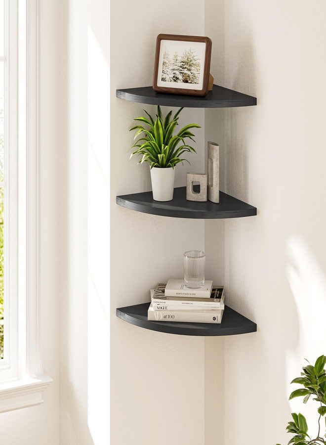 Venusmiles Corner Shelf Wall Mount, Engineered Wood Floating Corner Shelves with Cable Hole, Wall Mounted Storage Display for Bathroom, Bedroom, Living Room, Kitchen (12 Inch, Black, 3 Pack) - Image 2