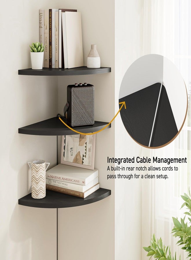 Venusmiles Corner Shelf Wall Mount, Engineered Wood Floating Corner Shelves with Cable Hole, Wall Mounted Storage Display for Bathroom, Bedroom, Living Room, Kitchen (12 Inch, Black, 3 Pack) - Image 4