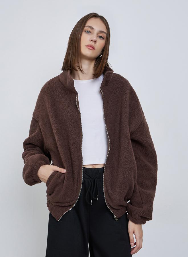 Styli Brown Oversized Collared Fleece Jacket - Image 3