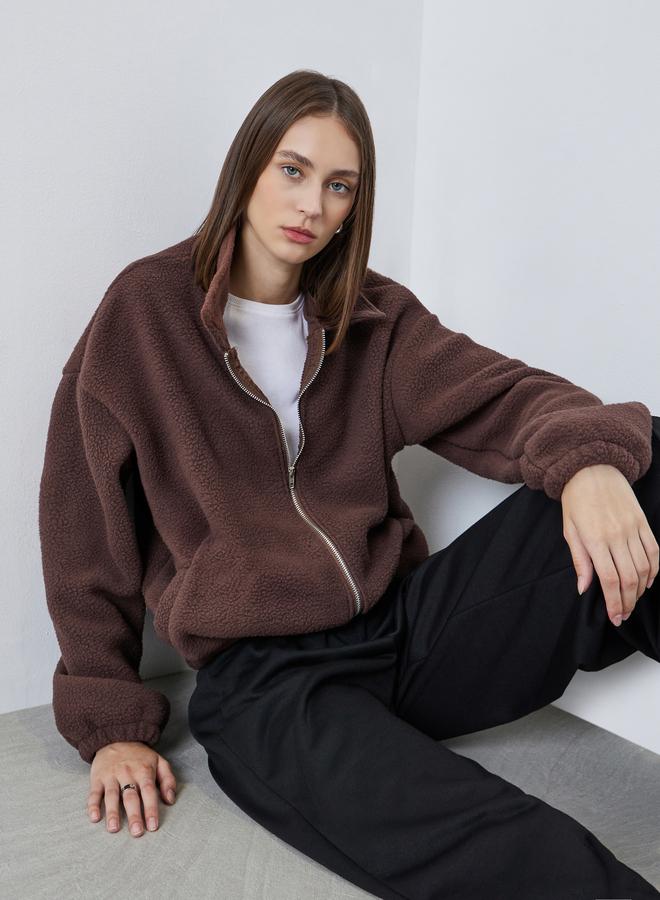 Styli Brown Oversized Collared Fleece Jacket - Image 1