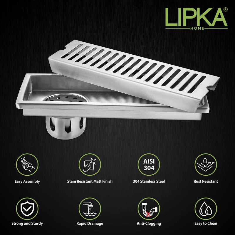 Lipka قناة تصريف عمودية لليبيا | 12 × 4 بوصة | قناة تصريف من الفولاذ المقاوم للصدأ من الدرجة 304 لمناطق الحمام والدش | مصفاة مياه الصرف مع مصيدة صراصير مضادة مع ثقب جانبي للغلاف - Image 3