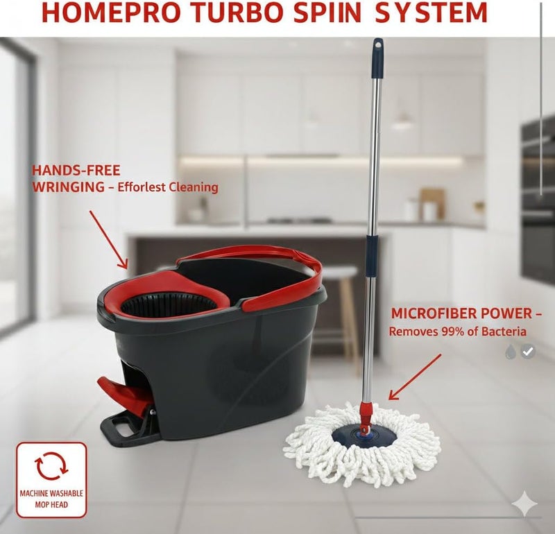 HOMEPRO TurboSpin Mop with Bucket, 360° Rotating Head, Foot Pedal, Adjustable Stainless Steel Handle, Hands Free Wringing, Microfibre Head - Image 4