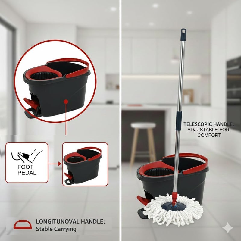 HOMEPRO TurboSpin Mop with Bucket, 360° Rotating Head, Foot Pedal, Adjustable Stainless Steel Handle, Hands Free Wringing, Microfibre Head - Image 3