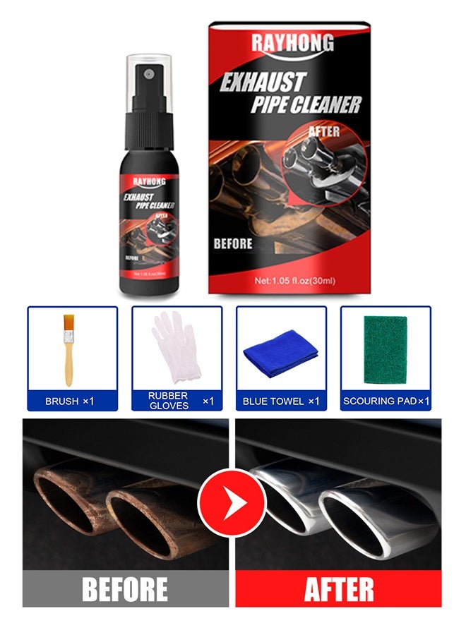 RAYHONG Exhaust Pipe Cleaner Spray – Rust Remover & Shine Restorer, Fast-Acting Formula for Car, Motorcycle, RV – Safe Non-Corrosive (30 ML,Brush/Gloves/Cloth/Rust Remover Wipe) - Image 1