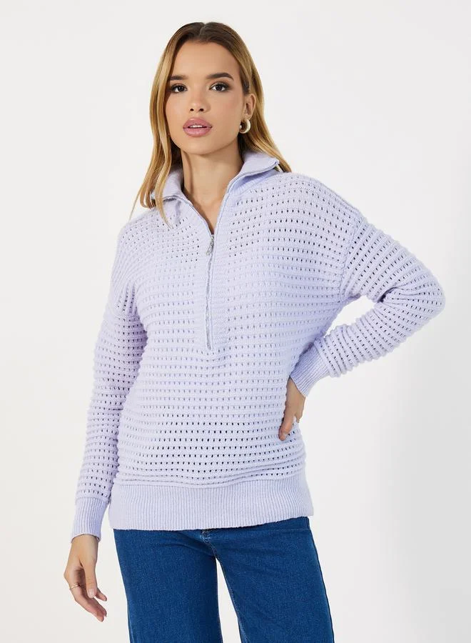 Styli Knitted Long Sleeves Collared Top with Half Zipper Detail