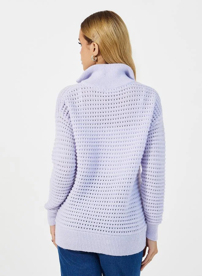 Styli Knitted Long Sleeves Collared Top with Half Zipper Detail