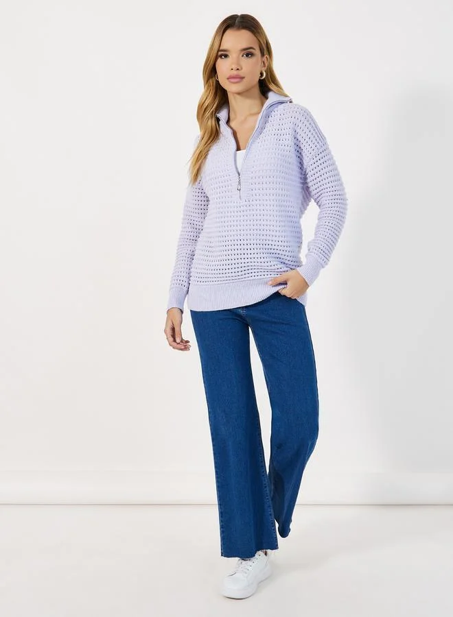 Styli Knitted Long Sleeves Collared Top with Half Zipper Detail