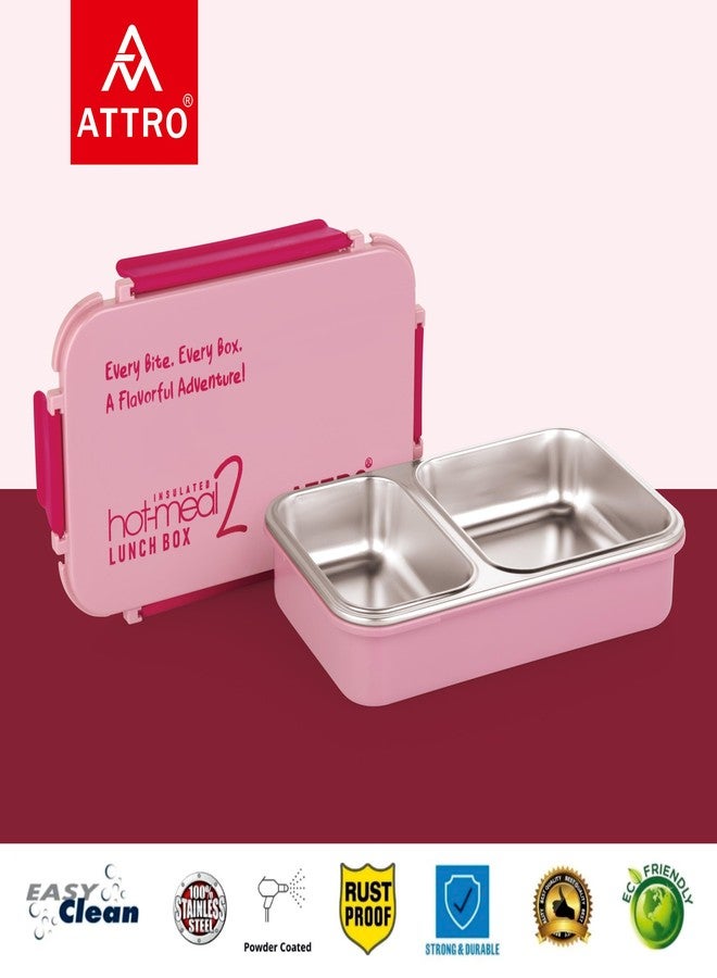 ATTRO Hot-Meal 2 Insulated Lunch Box with 2 Compartment, Inner Stainless Steel & Locking Lid BPA-Free Food Grade Ideal for School, Office - 800ml Peach - Image 3