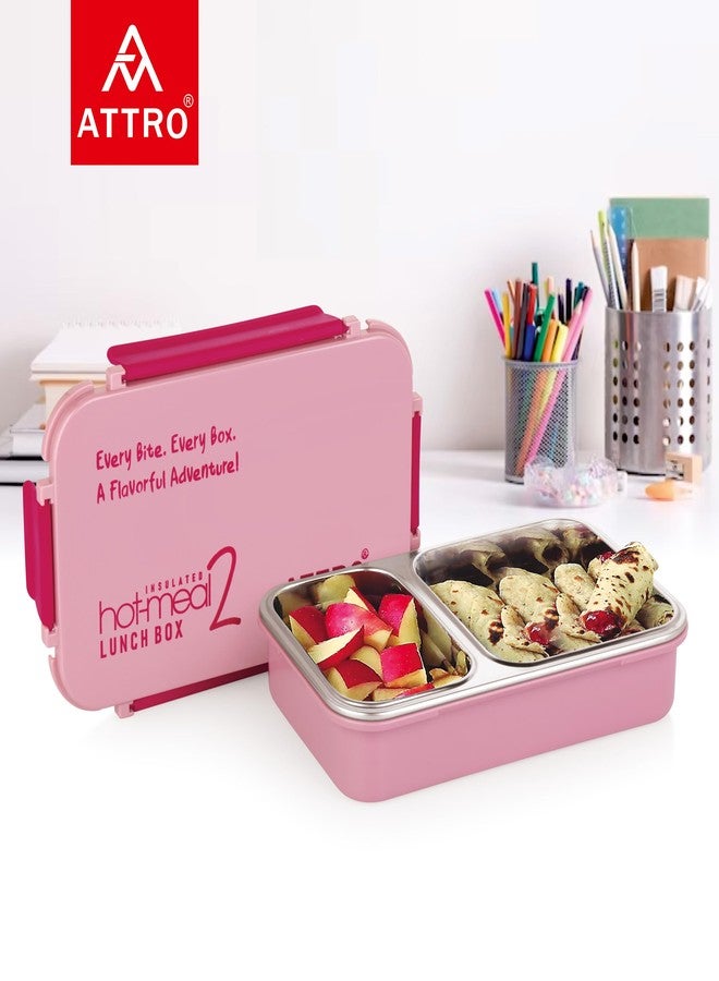 ATTRO Hot-Meal 2 Insulated Lunch Box with 2 Compartment, Inner Stainless Steel & Locking Lid BPA-Free Food Grade Ideal for School, Office - 800ml Peach - Image 2