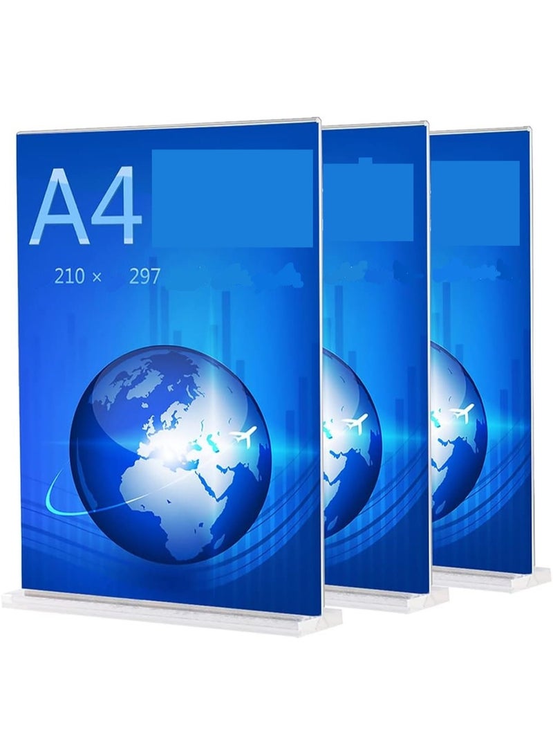 Slasa Pack-3 A4 Acrylic Sign Holder, A4(21cmx29.7cm) Double-Side Plastic Display Stands, Clear T-Shape Menu Poster Holders Ads Sign Stands for Tables Hotel Shop Restaurant School Office  - Image 1