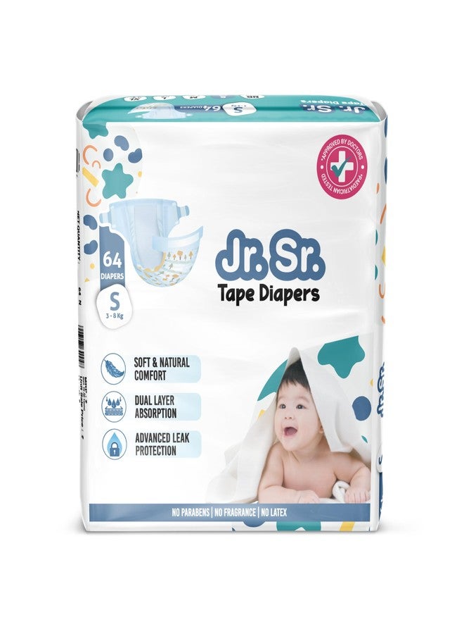 Jr. Sr. Baby Tape Style Diaper | Adjustable Fit For Babies | Small (S) Size (3-8 kg), 64 Count | Pack of 1 | Upto 12 hr Absorption with Advanced Leak Protection | Soft & Comfy - Image 1