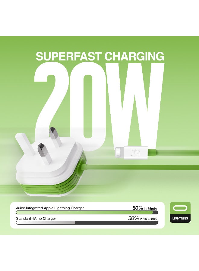 JUICE 20 Watt PD Charger with 1.5m integrated Lightning Cable| Apple Lightning Mains Charger | Fast Charge Your iPhone and iPad | Apple MFI Certified | Compact Design with Sure Grip Technology- White Green - Image 3