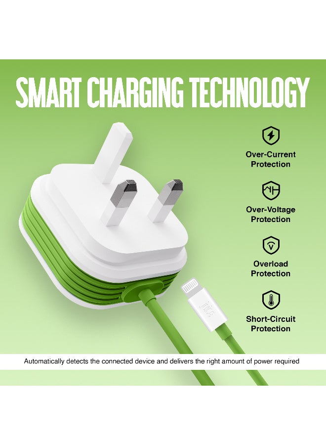 JUICE 20 Watt PD Charger with 1.5m integrated Lightning Cable| Apple Lightning Mains Charger | Fast Charge Your iPhone and iPad | Apple MFI Certified | Compact Design with Sure Grip Technology- White Green - Image 4