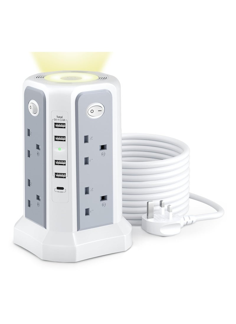 اكسيسن سلك تمديد برجي مع فتحات USB وإضاءة ليلية، شاحن USB C سريع بقدرة 20 واط، (13 أمبير 3250 واط)، 5 منافذ USB، برج تمديد 8 اتجاهات، سلك تمديد محمي من زيادة التيار الكهربائي مع 4 مفاتيح، كابل تمديد 3M  - Image 1