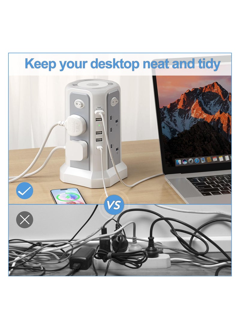 اكسيسن سلك تمديد برجي مع فتحات USB وإضاءة ليلية، شاحن USB C سريع بقدرة 20 واط، (13 أمبير 3250 واط)، 5 منافذ USB، برج تمديد 8 اتجاهات، سلك تمديد محمي من زيادة التيار الكهربائي مع 4 مفاتيح، كابل تمديد 3M  - Image 5