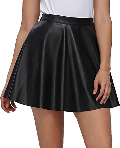 Fahsyee Faux Leather Skater Skirt, Women's Black Pleated Flare Mini A-line Vegan Tennis Skirts High Waist Casual Plus Size XXL - Image 1