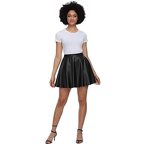 Fahsyee Faux Leather Skater Skirt, Women's Black Pleated Flare Mini A-line Vegan Tennis Skirts High Waist Casual Plus Size XXL - Image 2