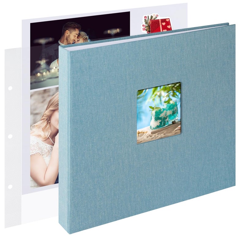 1DOT2 12x12 Inch Large 3 Ring DIY Scrapbook Photo Album Journal with 30 Plastic Sleeves 60 Pages and Fabric Cover for Baby Travel Wedding Anniversary kids Adventure (Cyan Blue Cover/White Pages) - Image 1