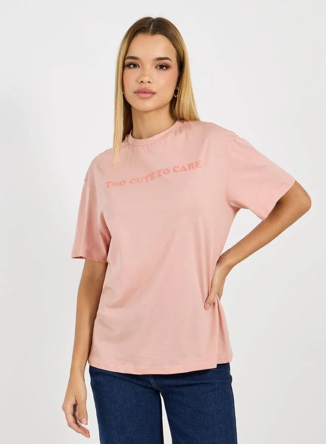 Styli Oversized Too Cute Slogan T-Shirt with Bow Graphic Detail