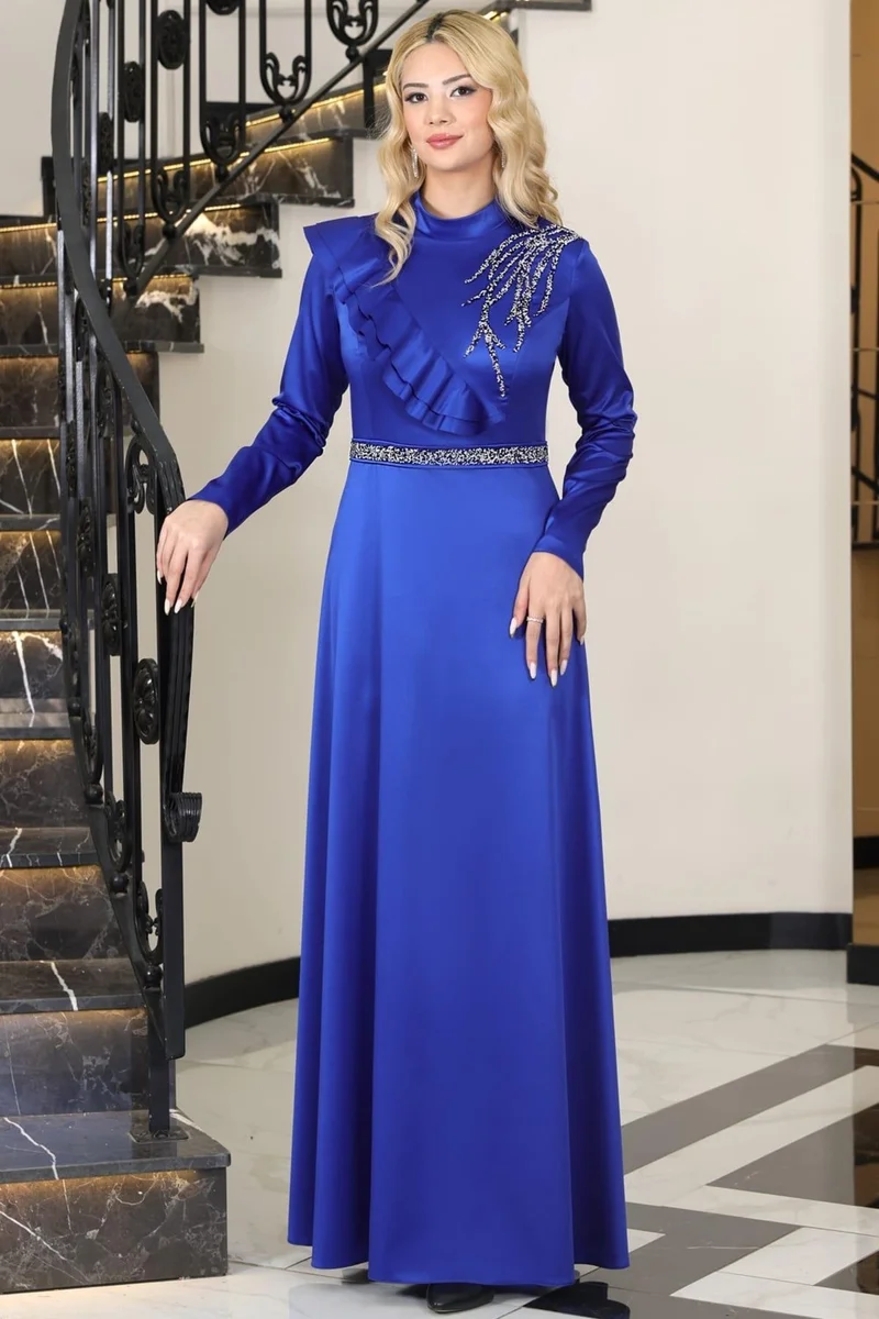 Esilanur Ada Satin Stone Hijab Evening Dress Saxe