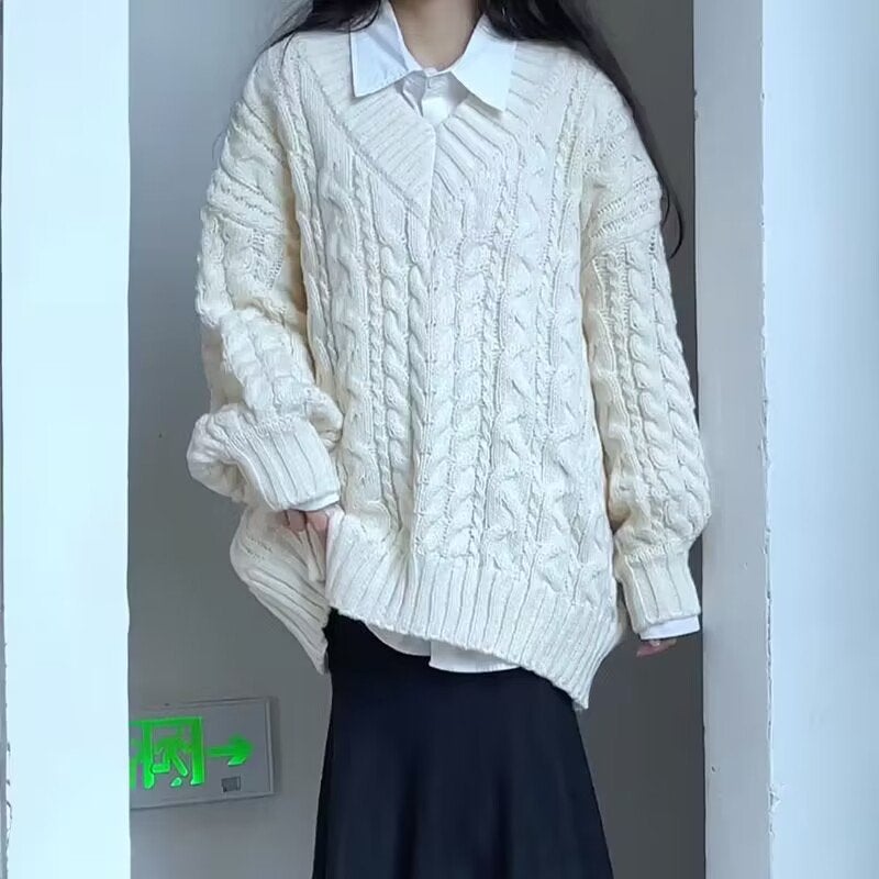 Lazy Style Retro Thickened V-Neck Loose Gray Twist Sweater Female Students Korean Style All-Match Sweater Fashion