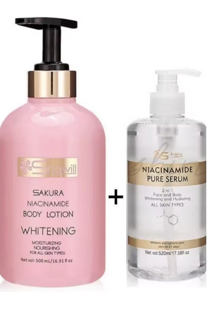 آشلي أشلي شاين سيروم نياسيناميد النقي 2 في 1 لتبييض وترطيب الوجه والجسم 520 مل ولوشن ساكورا نياسيناميد لتبييض الجسم 500 مل