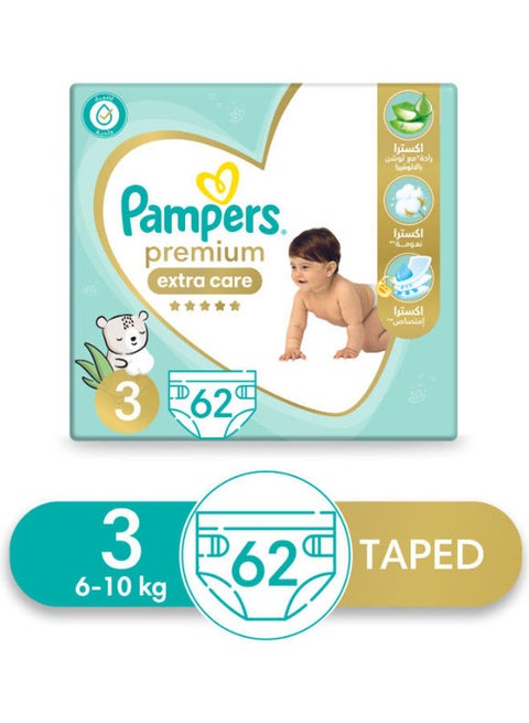 Premium EXTRA CARE Diapers, Size 3, 62 Baby Diapers